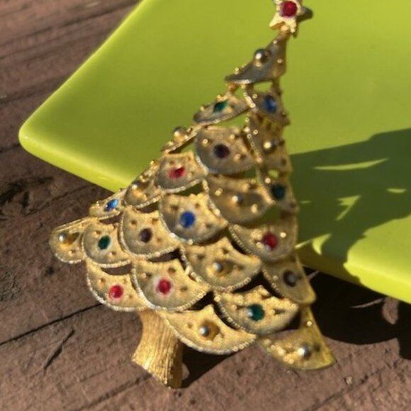 HOLIDAY🎄🎄J.J. JONETTE Brushed Gold Multi-Color Rhinestone Christmas Tree BROOC - Picture 3 of 9